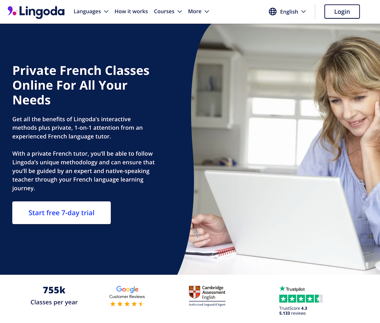 Landing page social proof bar shows 755k classes per year, 4.5 star customer review rating, accreditation from Cambridge, and Trustpilot score.