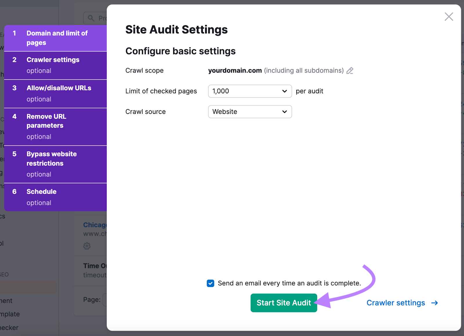 Site Audit configuration screen.