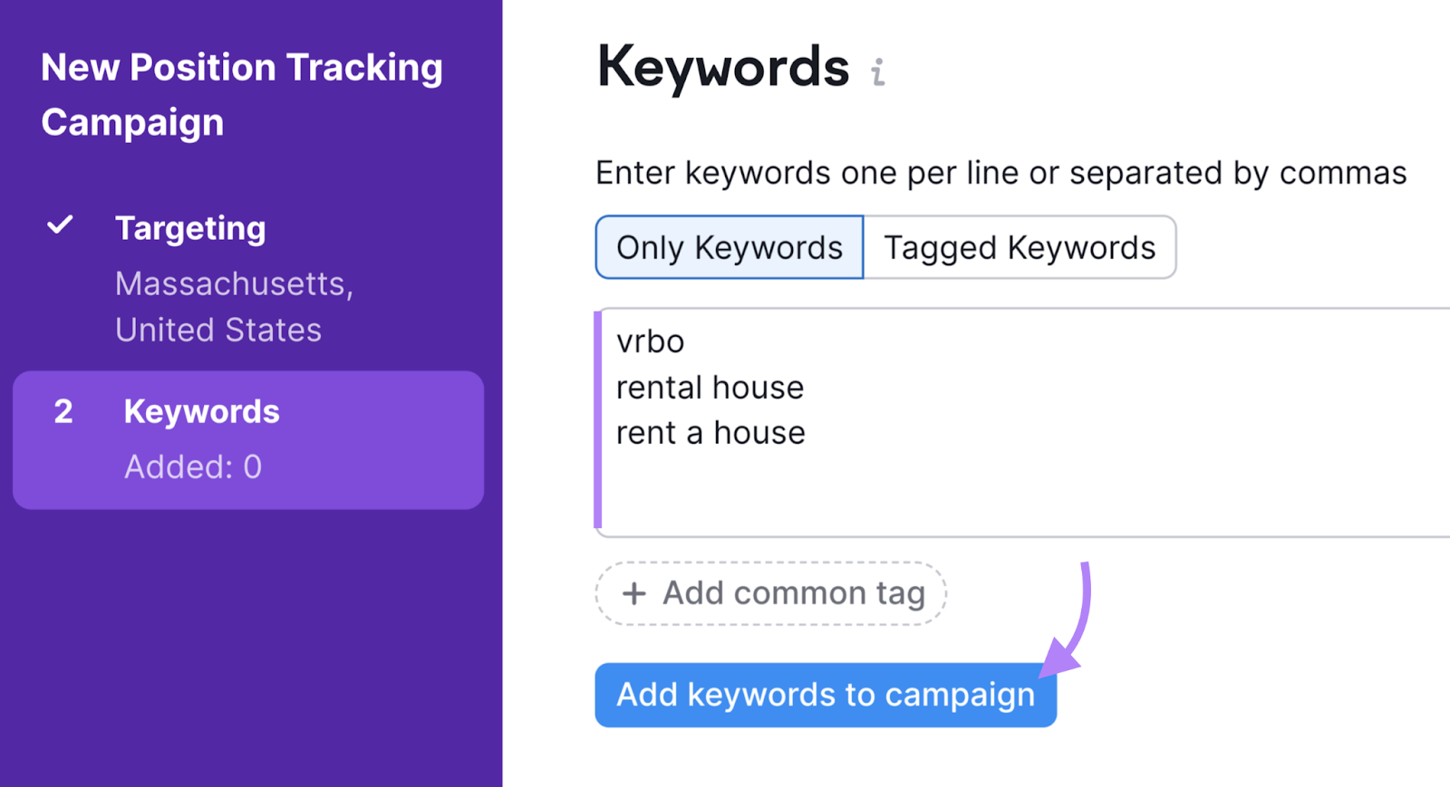 "Keywords" window in Position Tracking tool settings