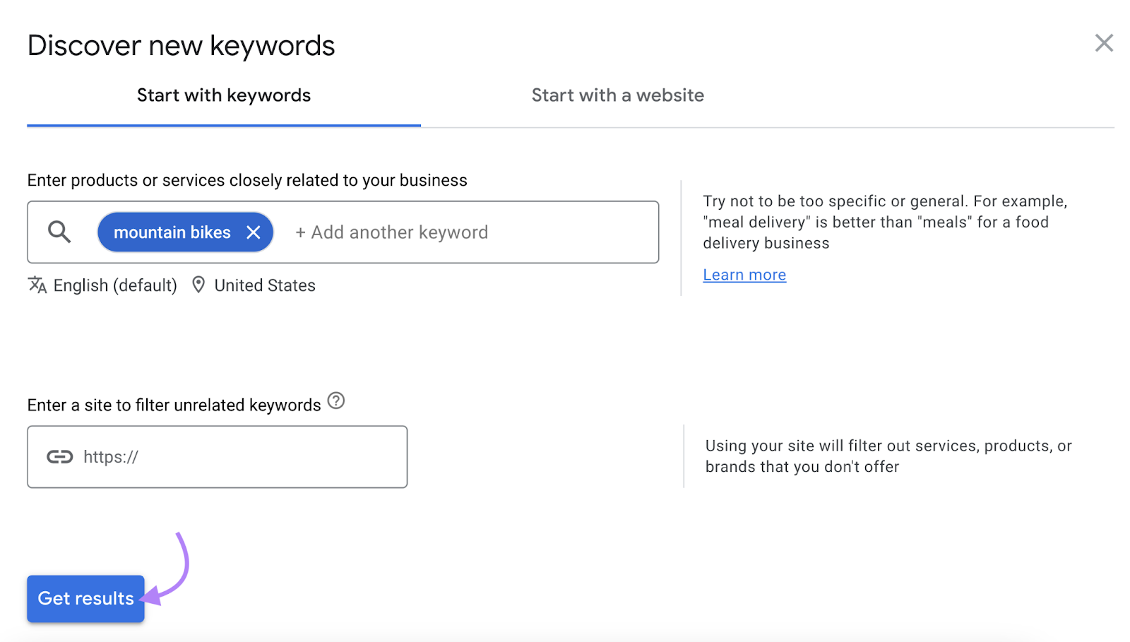 Discover new keywords for "mountain bikes" in Google Keyword Planner