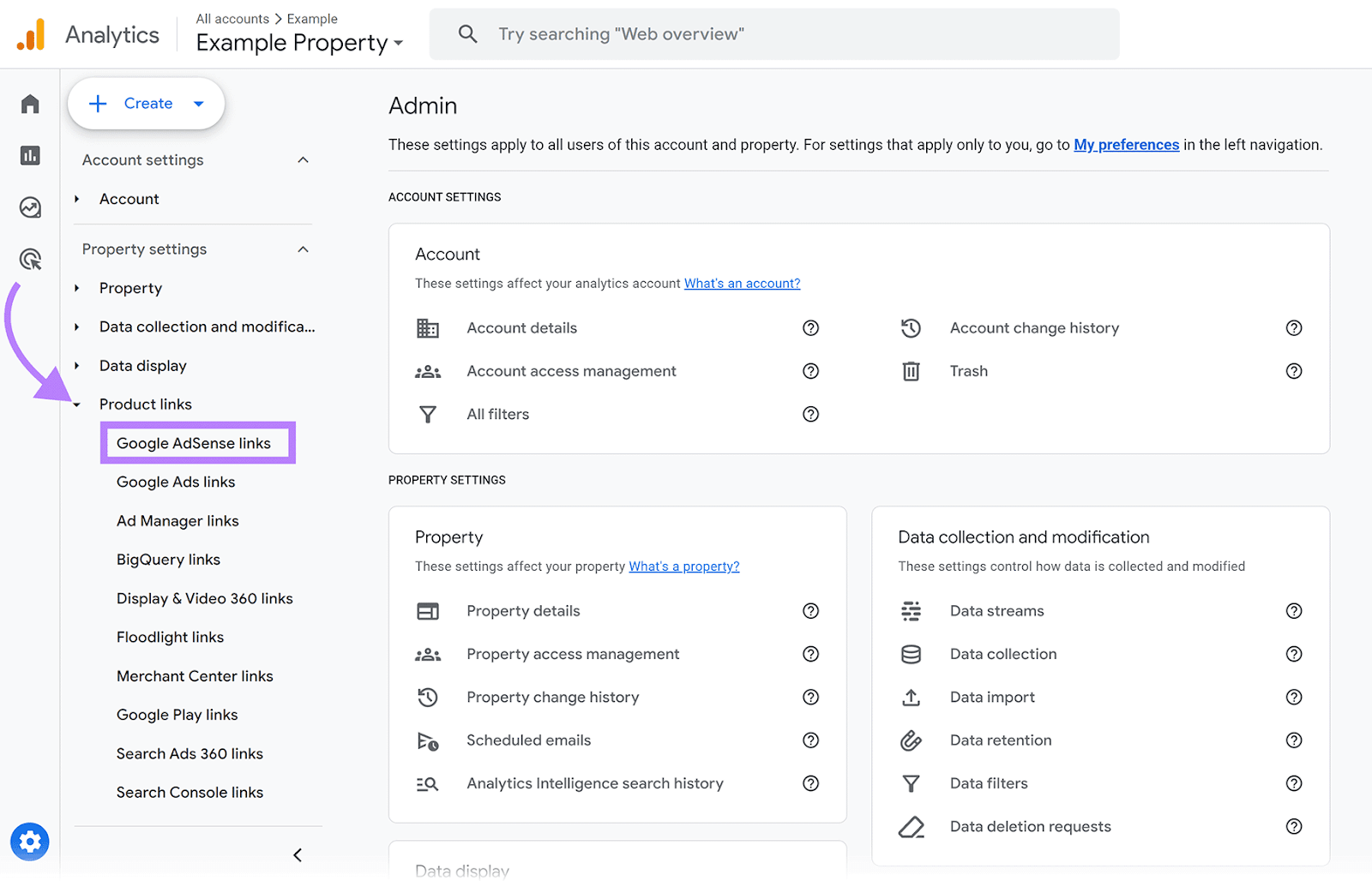 Google Analytics Admin Settings sidebar with Google AdSense links option highlighted