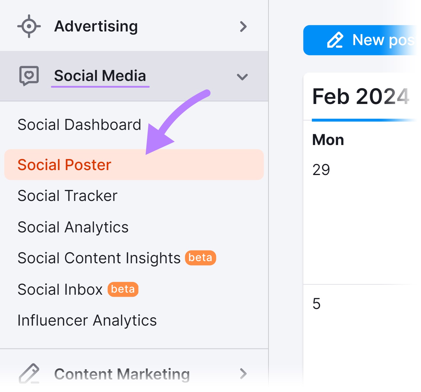 Navigating to Social Poster in Semrush dashboard