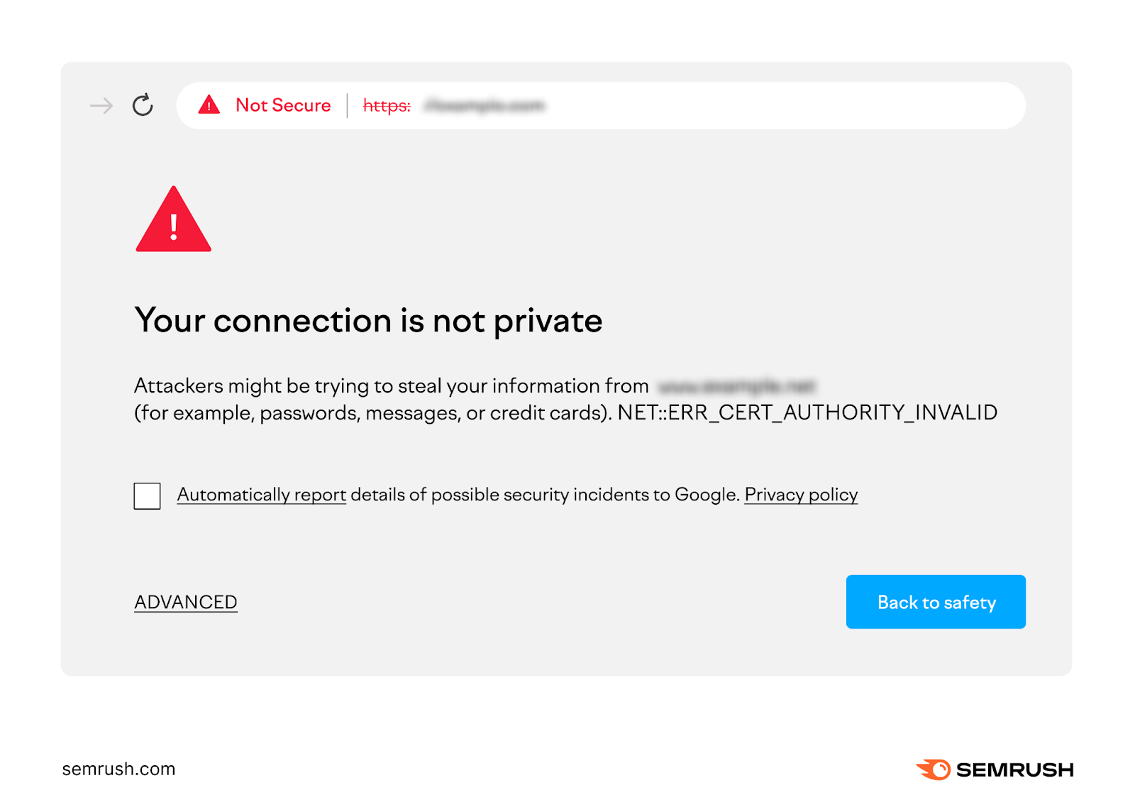 “Not secure” warning reading "Your connection is not private" followed by an explanation that attackers might be trying to steal your information