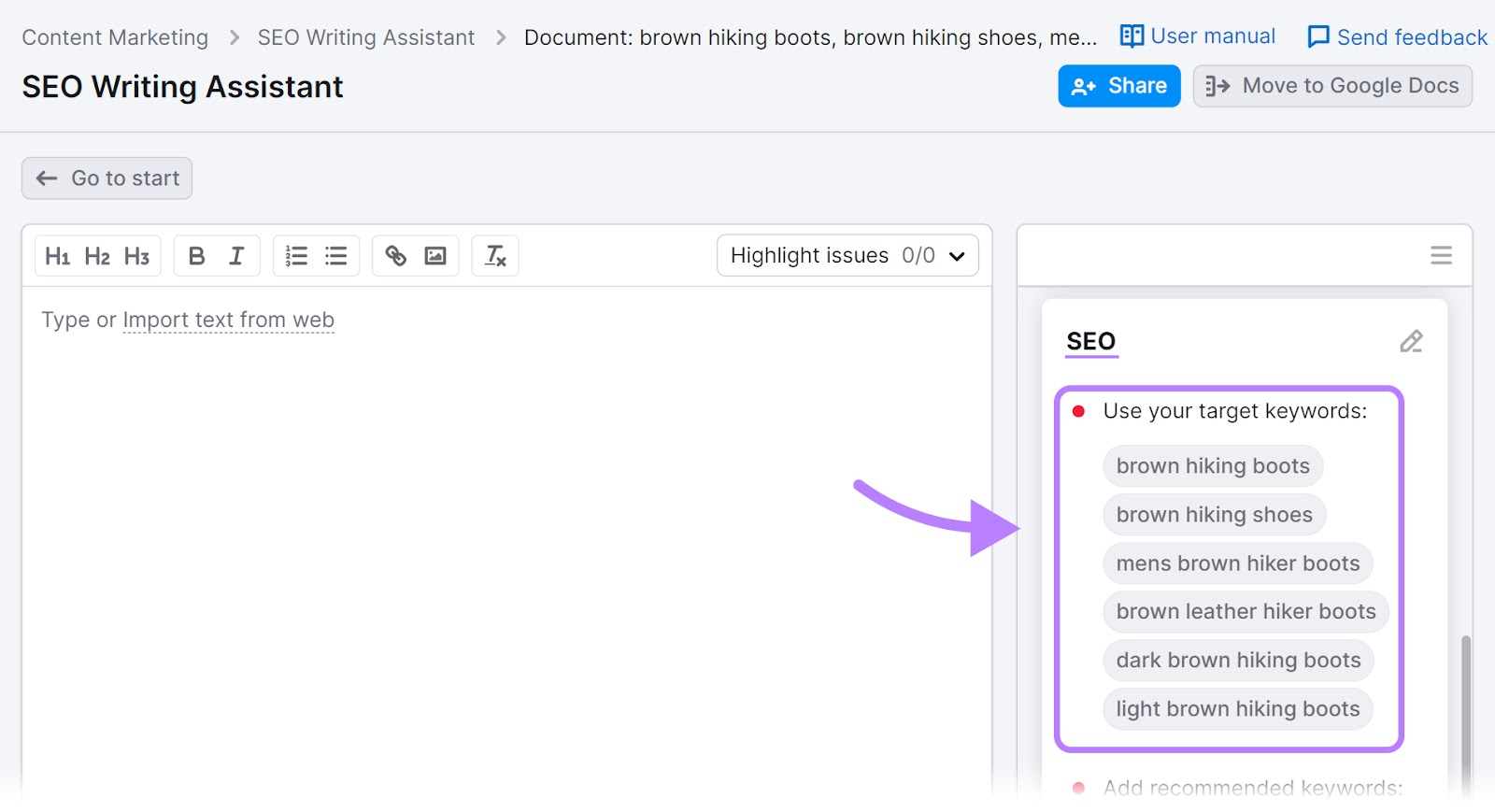 SEO Writing Assistant editor with keyword suggestions highlighted