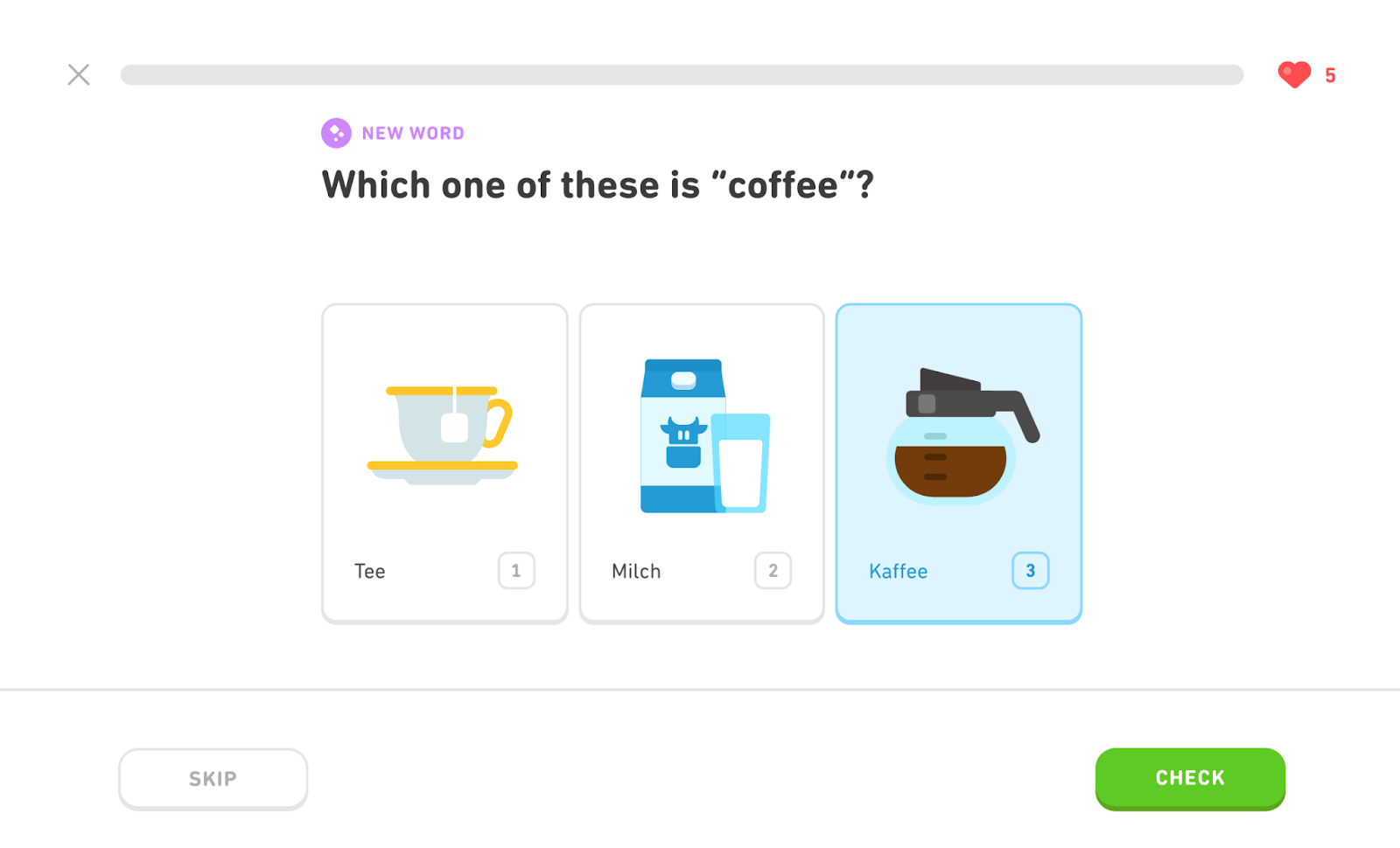 Duolingo interface showing an interactive German language learning quiz asking the student for the German word for coffee.