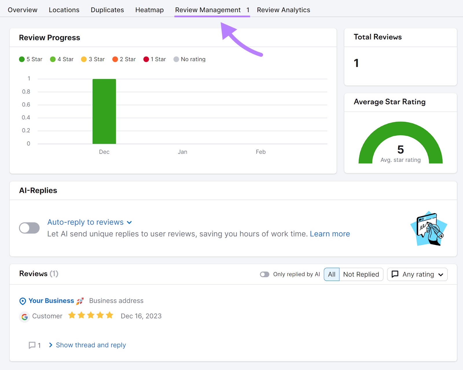 “Review Management” tab in Listing Management tool