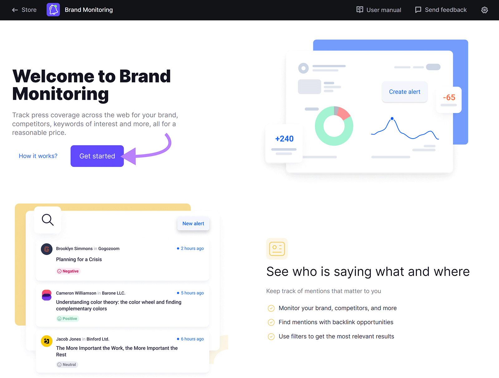 Semrush Brand Monitoring app start page with arrow pointing to 'Get started' button