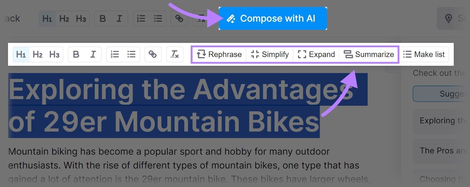 ContentShake AI's "Compose with AI" "Rephrase" "Simplify" "Expand" and "Summarize" options highlighted