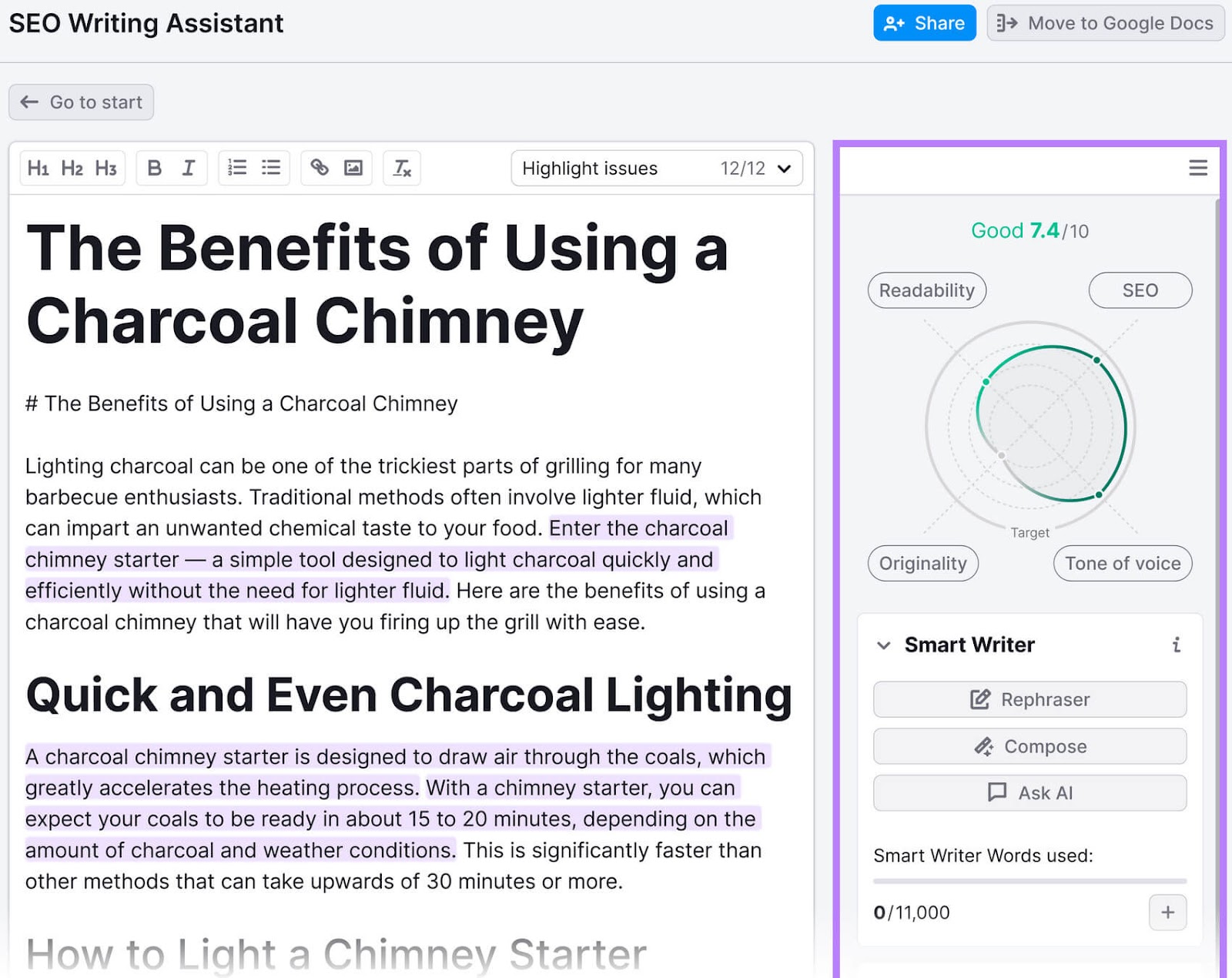 SEO Writing Assistant interface showing an article draft with readability and SEO metrics on the right.