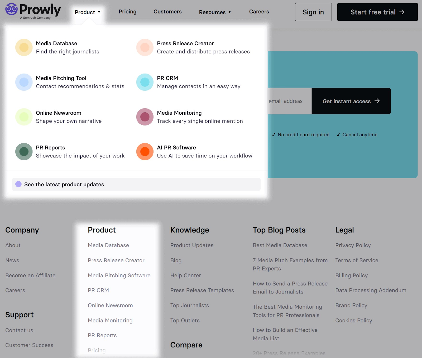 "Product" navigation menu or footer links highlighted on Prowly's website