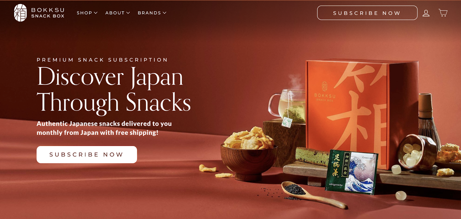 Bokksu homepage value proposition example. "Discover Japan through snacks. Authentic Japanese snacks delivered to you monthly from Japan with free shipping."