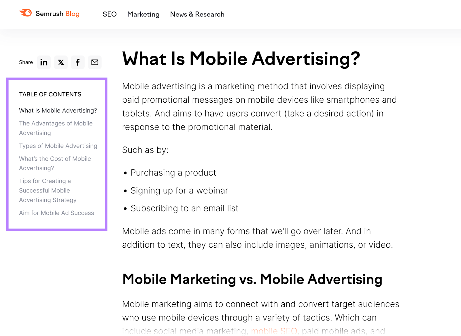 Table of contents highlighted in sidebar of Semrush blog post.