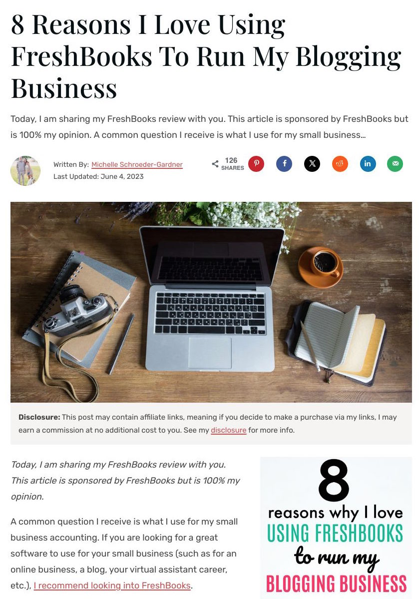 An article titles "8 Reasons I Love Using FreshBooks To Run My Blogging Business"