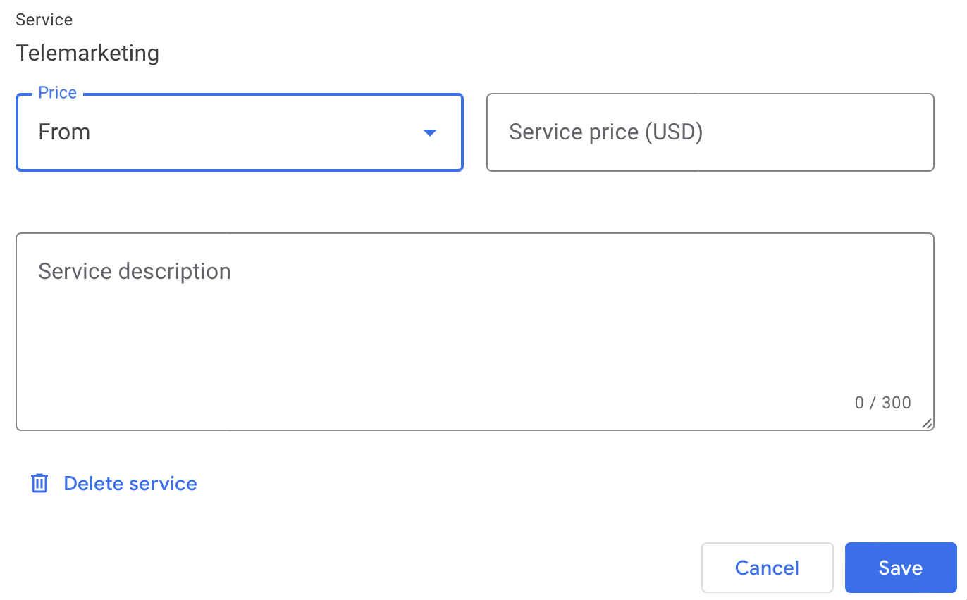 Edit service details in "Telemarketing" service section