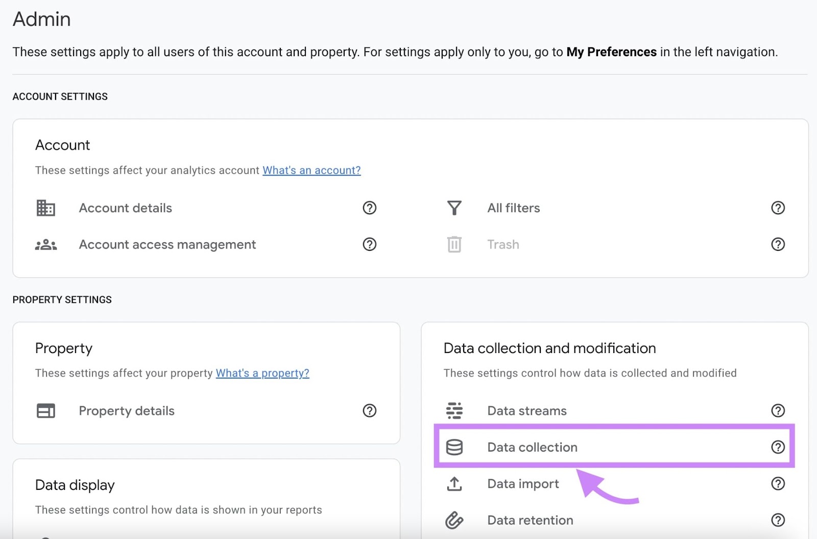 "Data collection" selected from the GA4 Admin panel