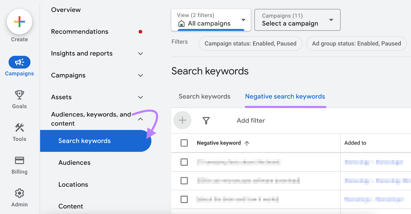 where to create negative keyword lists outside of the search terms report