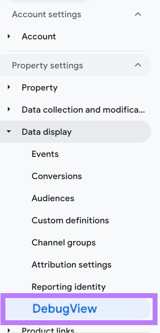 “DebugView" selected under “Data display” section of the menu