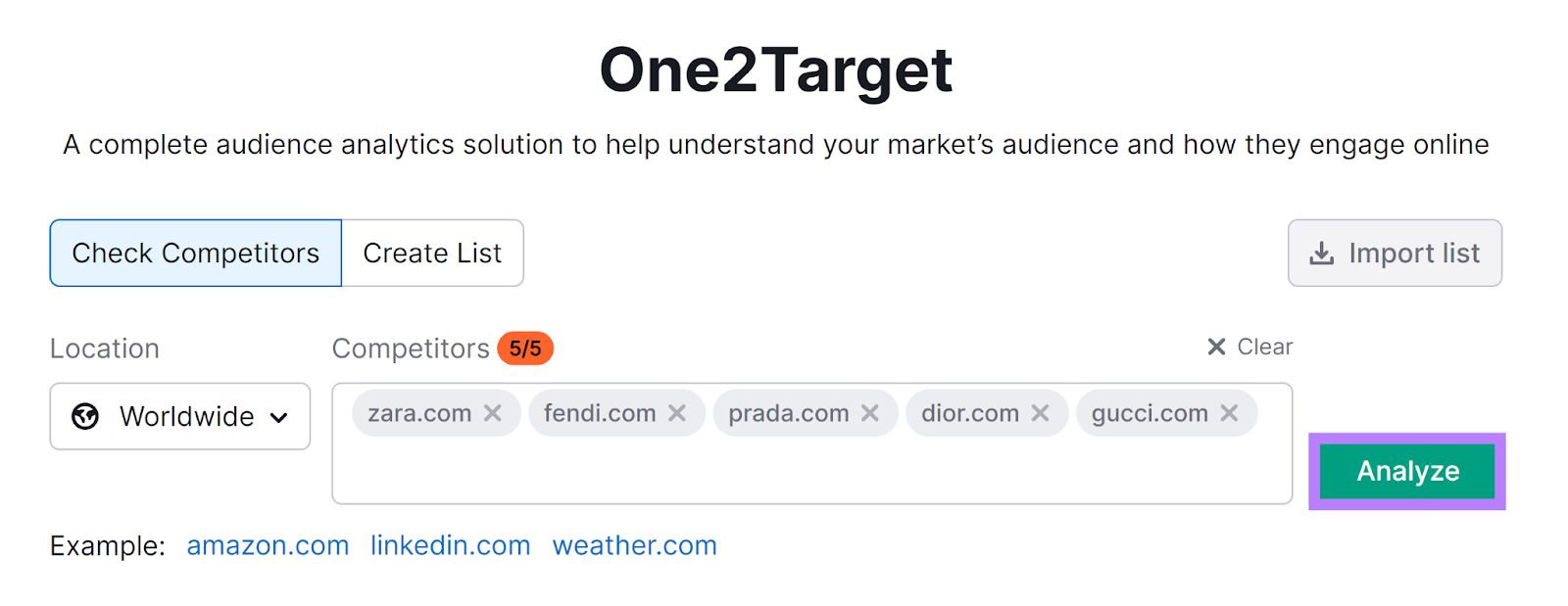 Semrush One2Target tool start with five domains entered and Analyze button highlighted