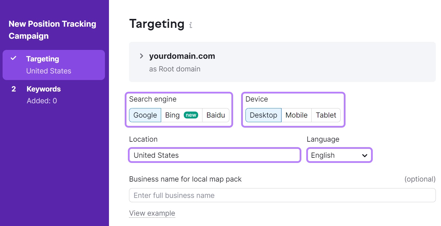 "Targeting" window in Position Tracking settings