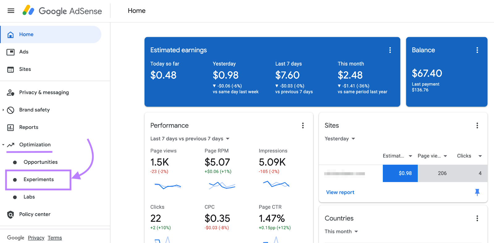 Google AdSense home screen shows estimated earnings, balance, and performance metrics