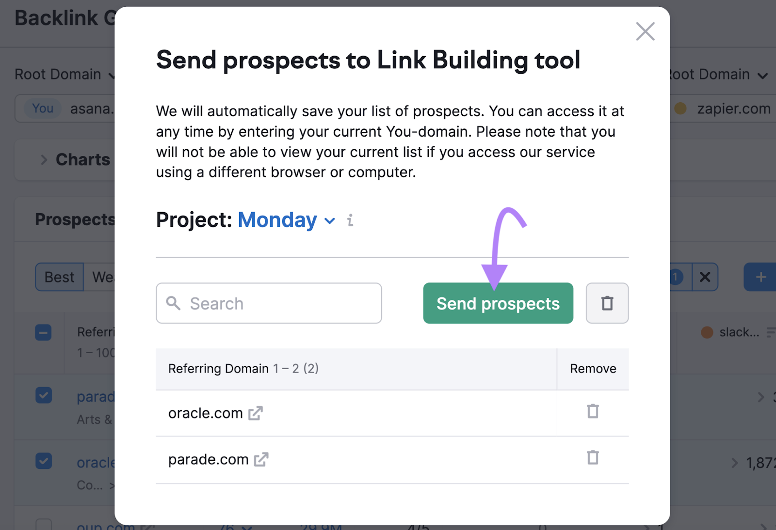 “Send prospects to Link Building Tool" pop-up window for "Monday" project