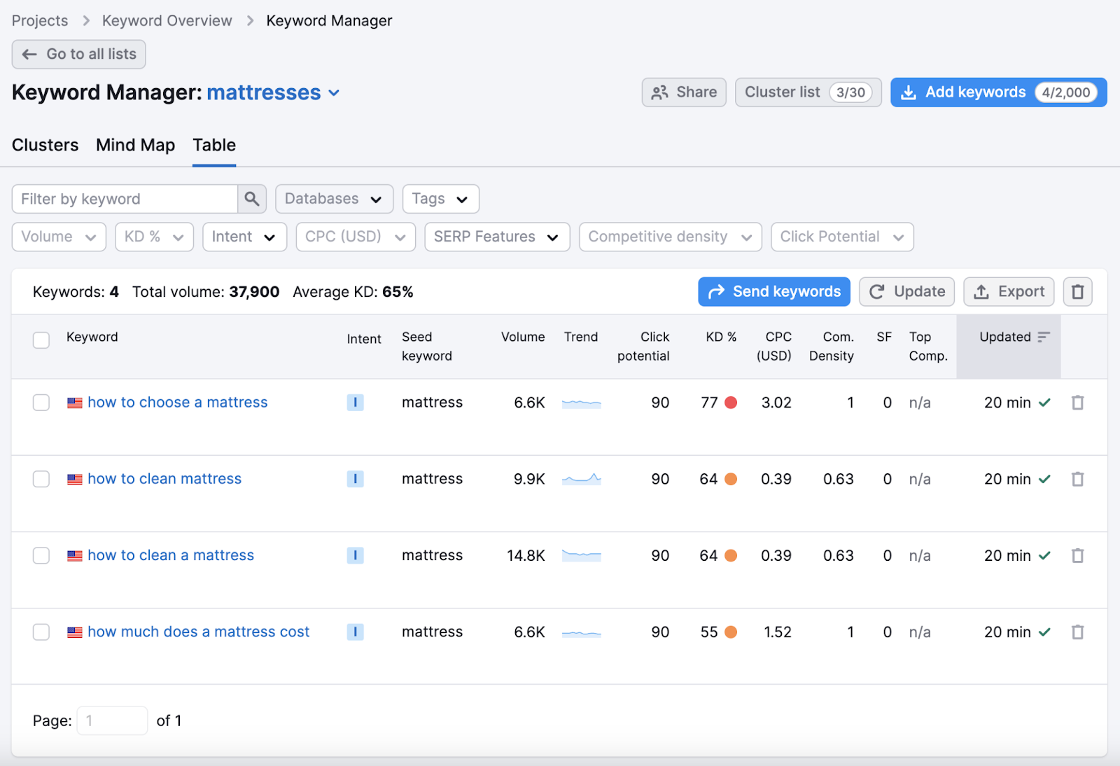 an example of keyword list "mattresses" in Keyword Strategy Builder tool