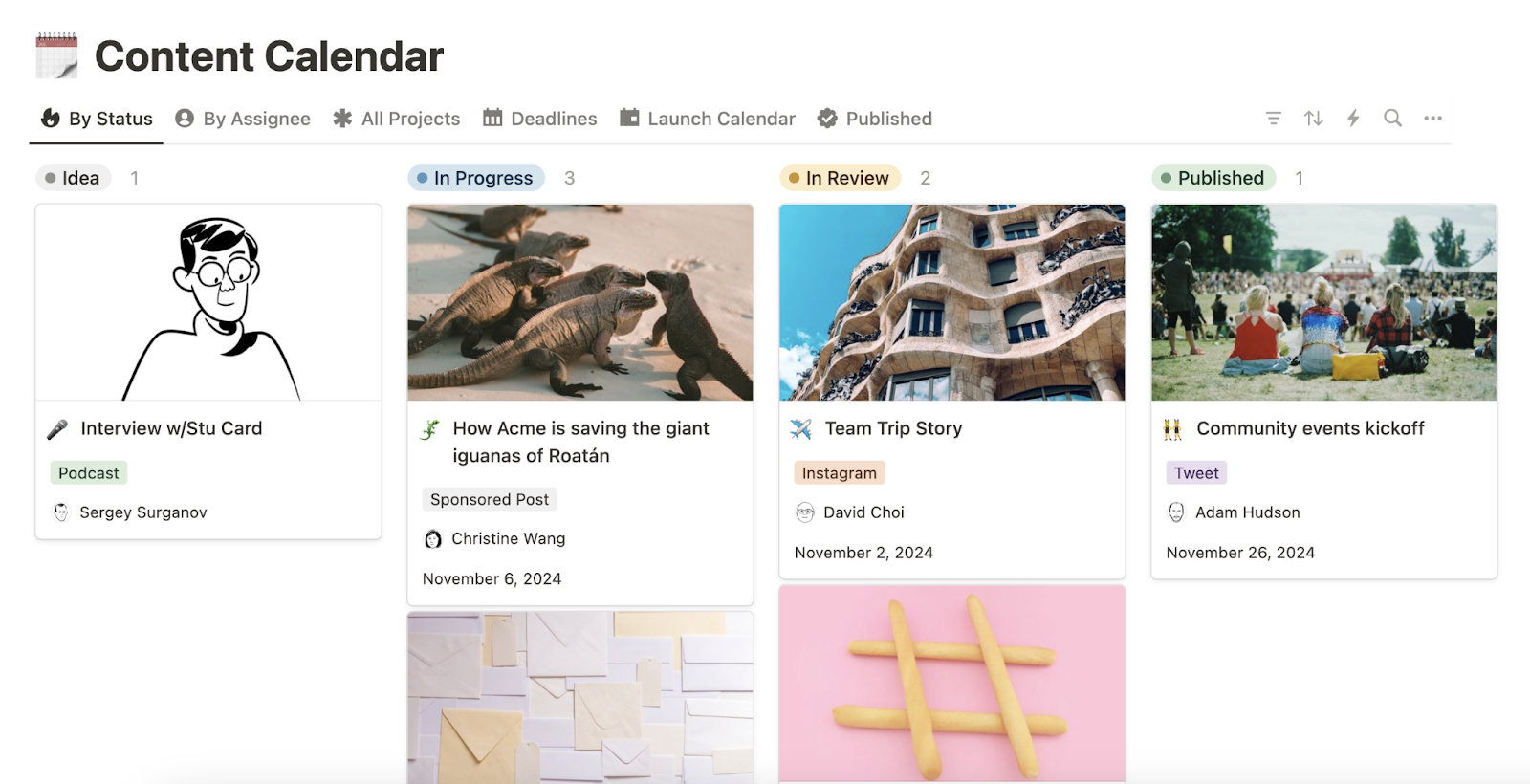 Notion content calendar has cards in columns like Idea, in progress, in review, and published with colorful tags noting the type of content