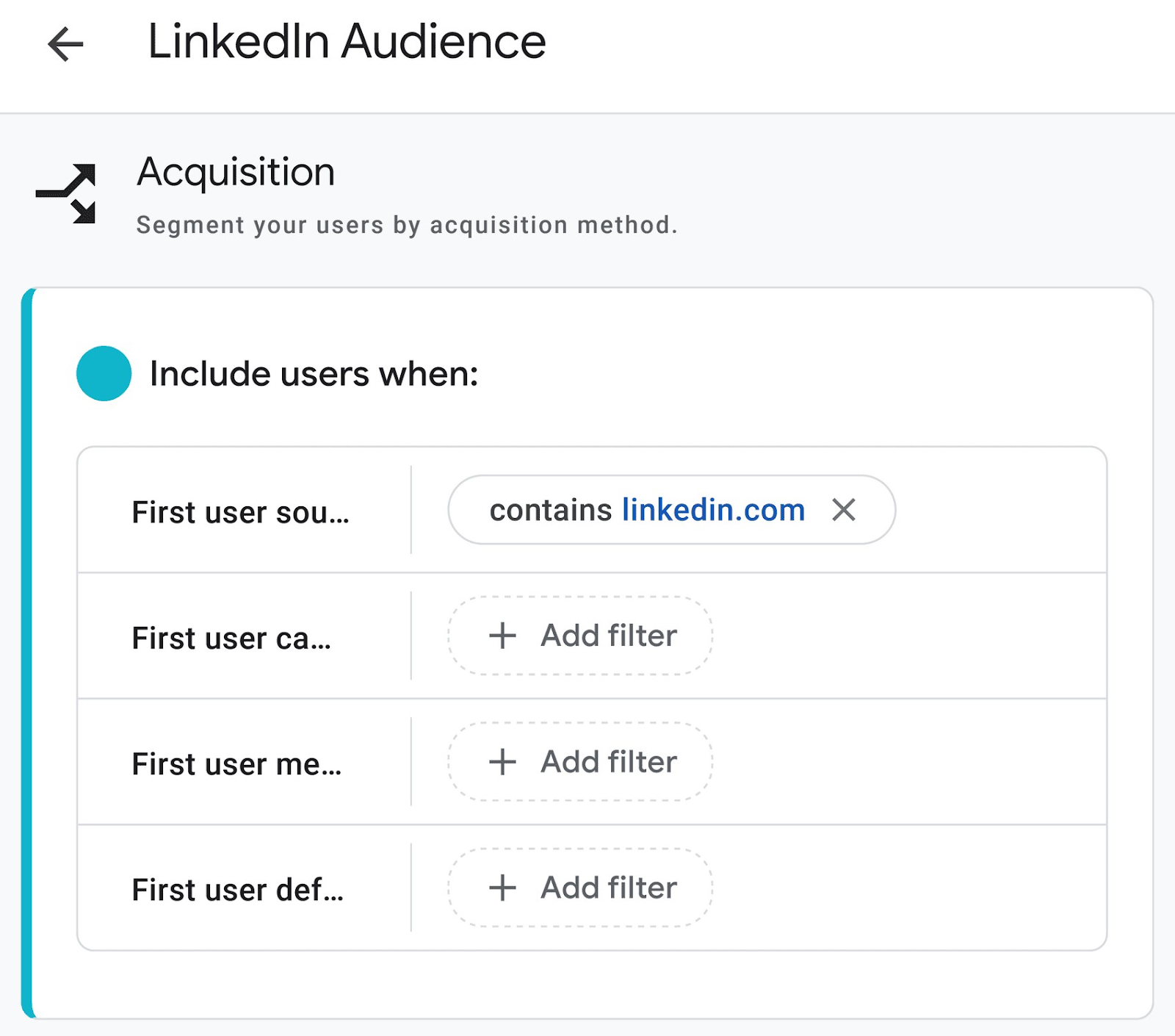 "LinkedIn Audience" window in GA4