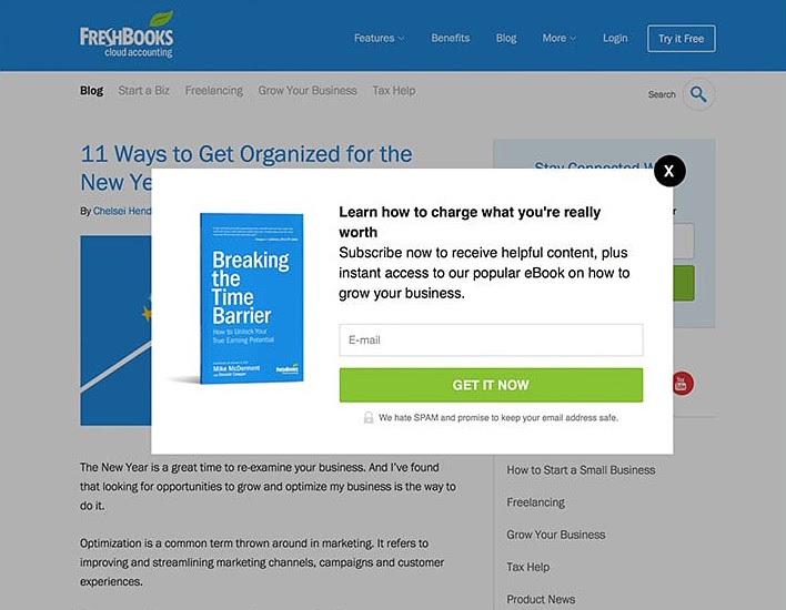 FreshBooks's email marketing opt-in form pop-up