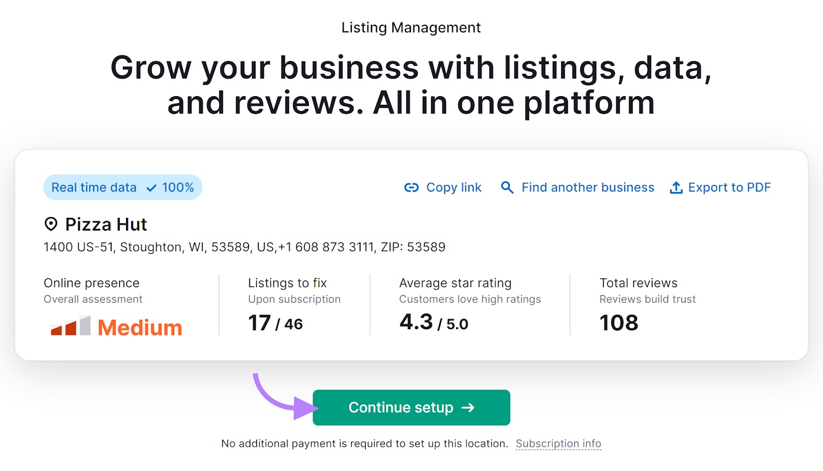 Listing Management tool with an arrow pointing to the "Continue setup" button.