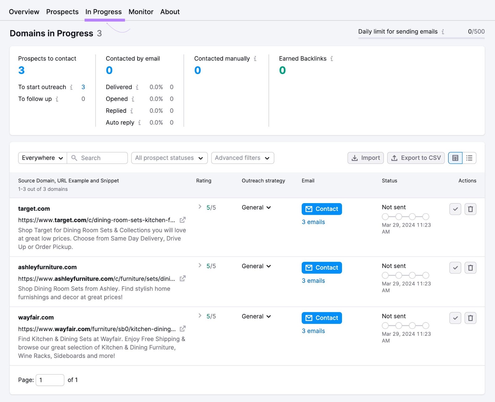 a page showing domains in progress, like target.com, ashleyfurniture.com, and wayfair.comom