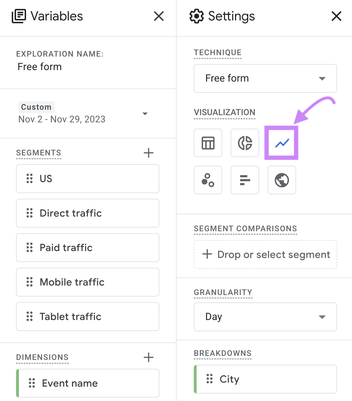 “Line chart" selected under the "Settings" section