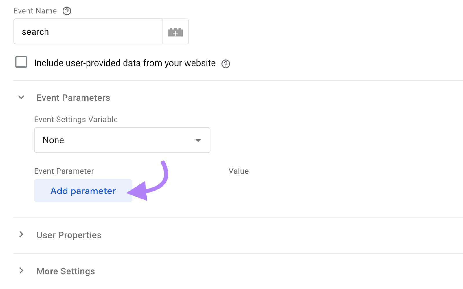 "Add parameter" button highlighted under “Event Parameters” drop-down
