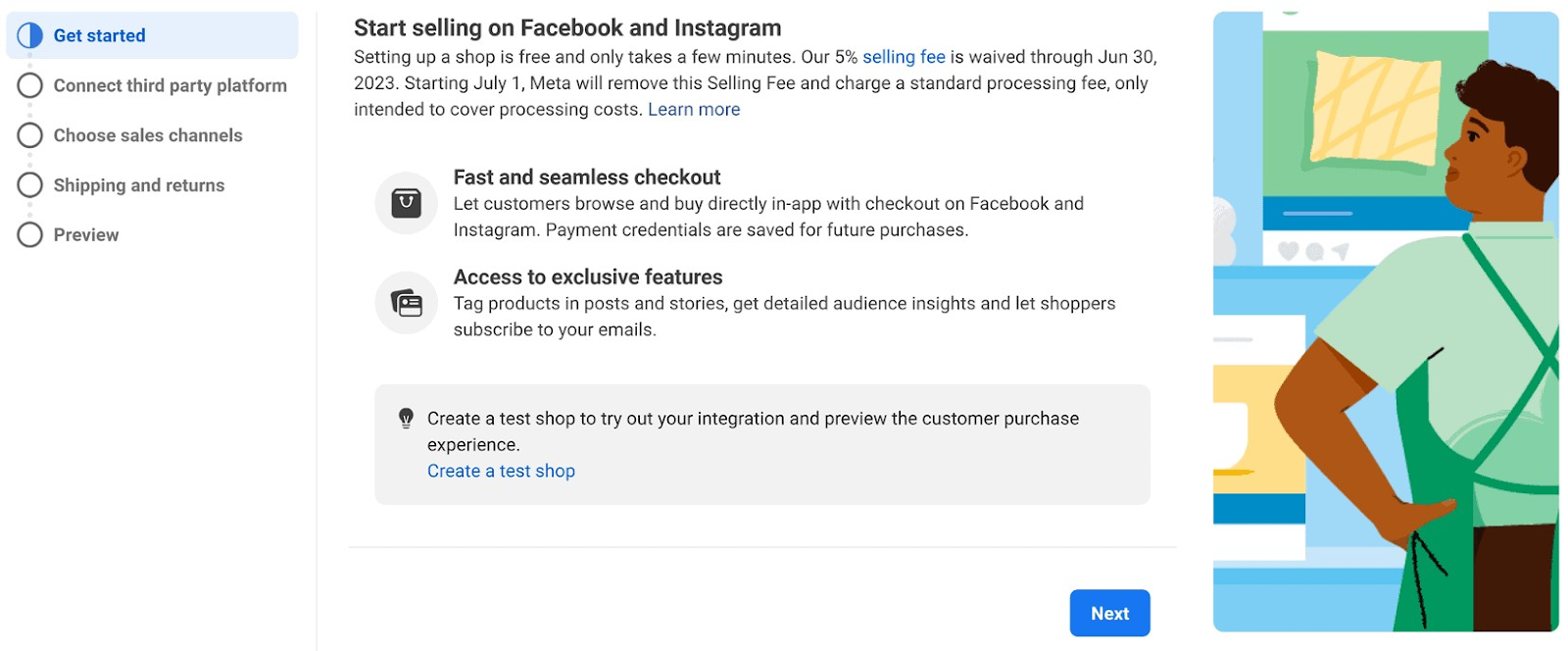 "Start selling on Facebook and Instagram" page