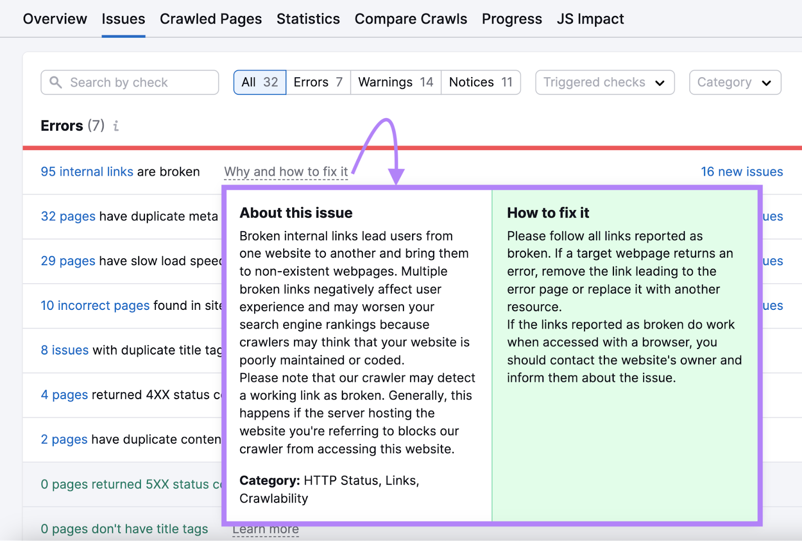 Why and how to fix broken internal links box in Site Audit tool