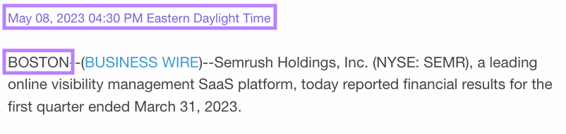 Dateline example from a Semrush press release