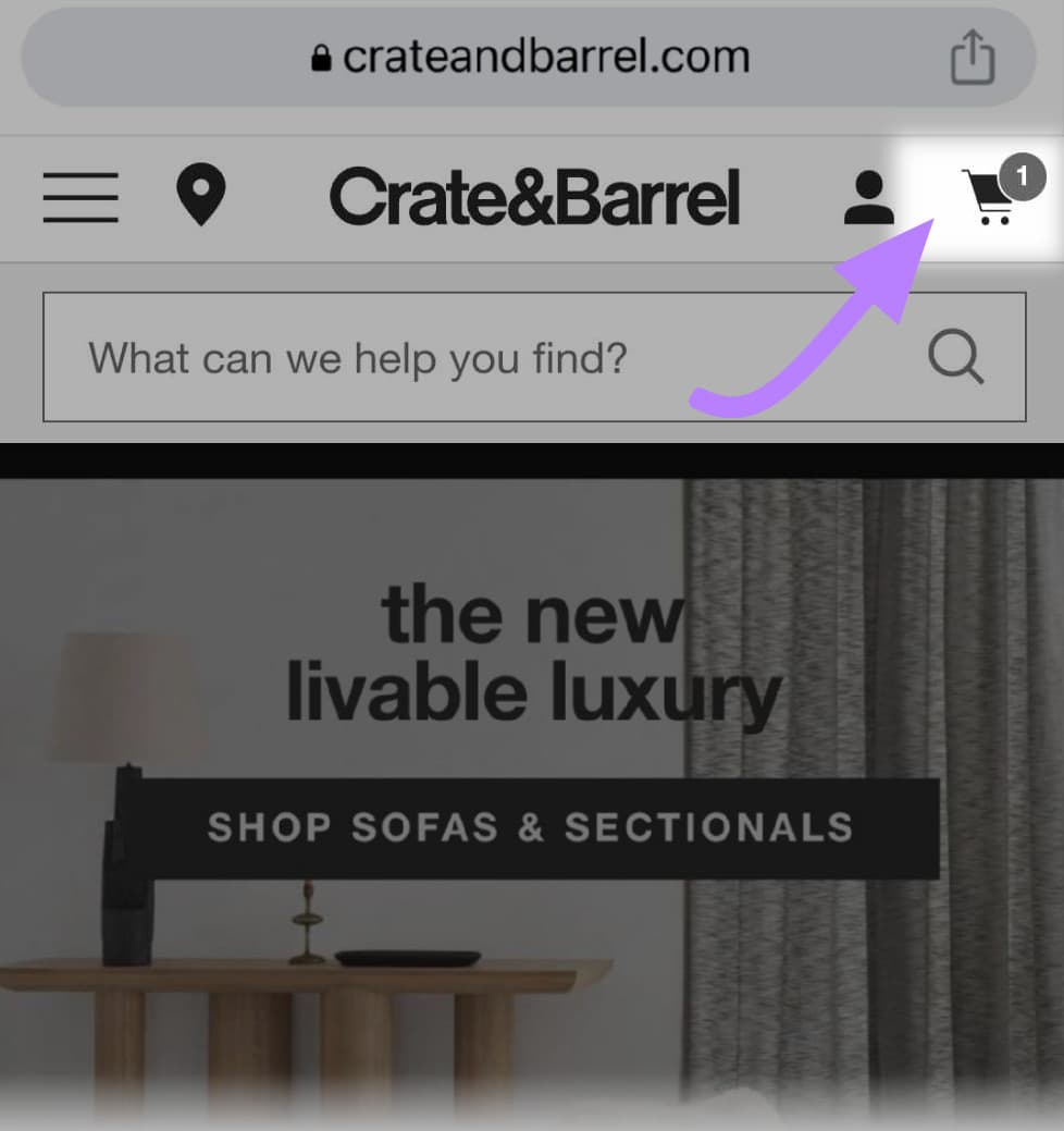 Crate & Barrel website on mobile with chart icon (1) highlighted in the top right corner