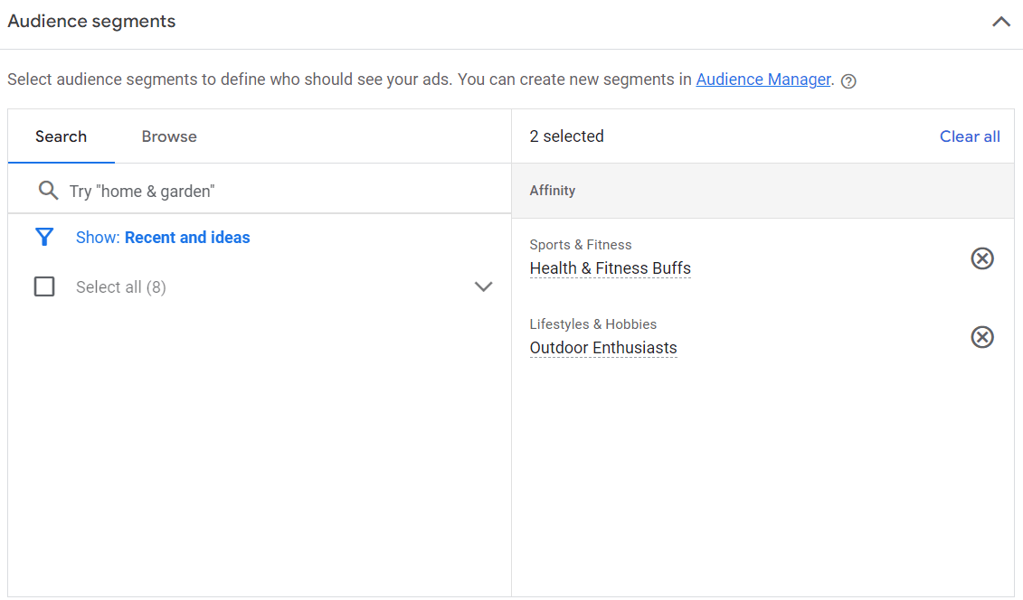 Audience segments section in Google Ads