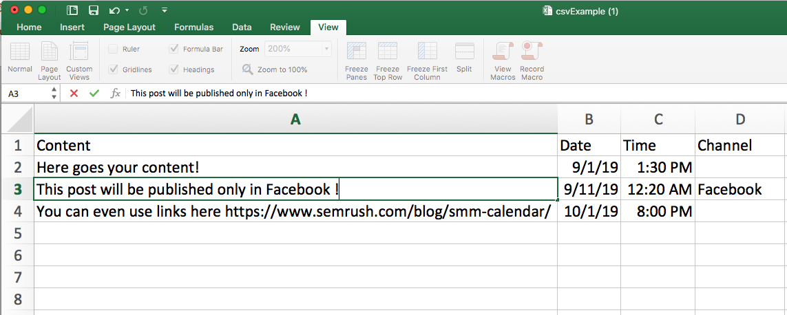 An example of a CSV table for bulk scheduling.