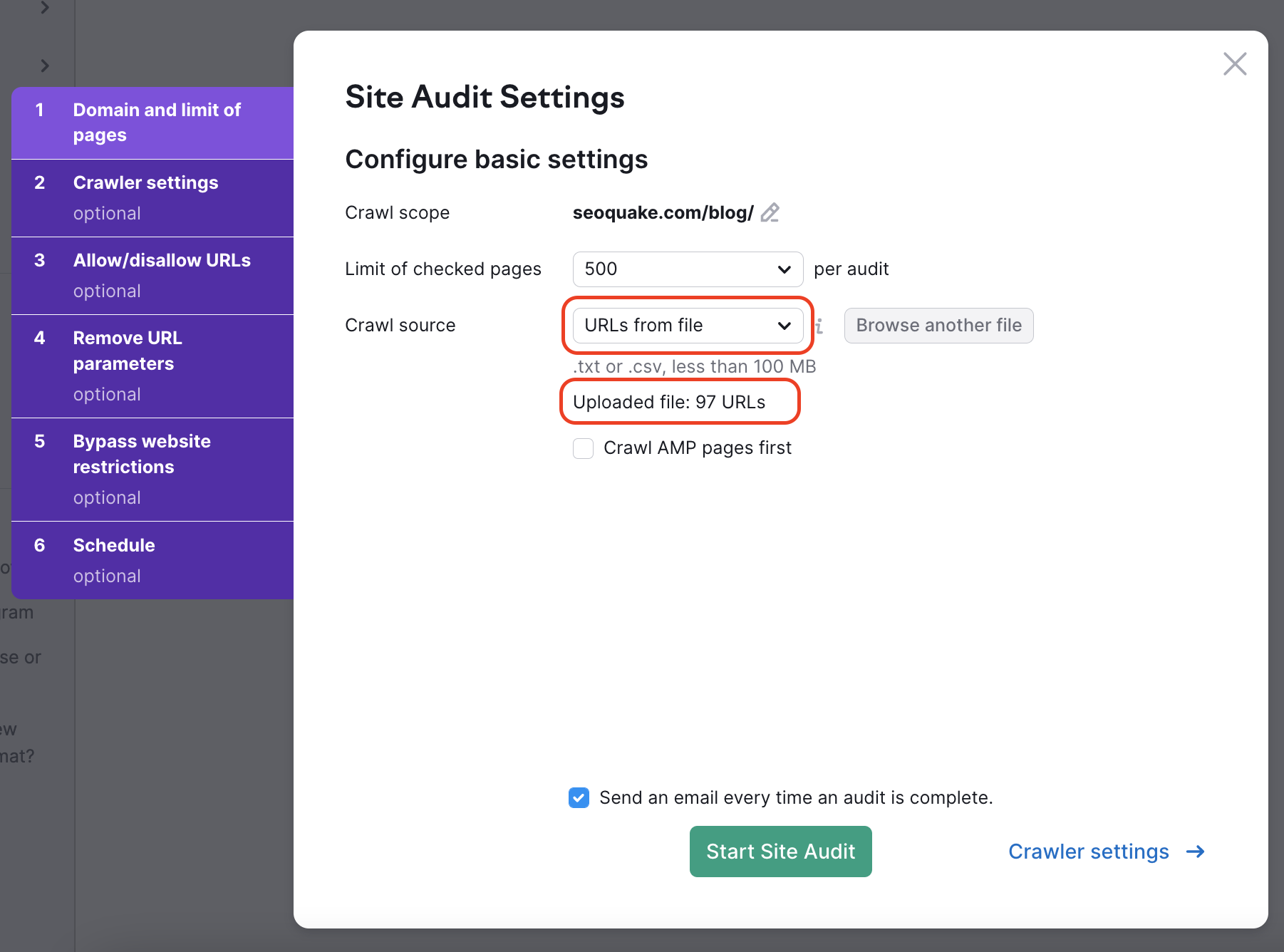 Site Audit settings window. For Crawl source, the URLs from file option is selected and highlighted. To demonstrate how this function works, an example file was uploaded. The tool has provided a number of URLs detected in the file (97 URLs), and the number is highlighted in this menu as well.