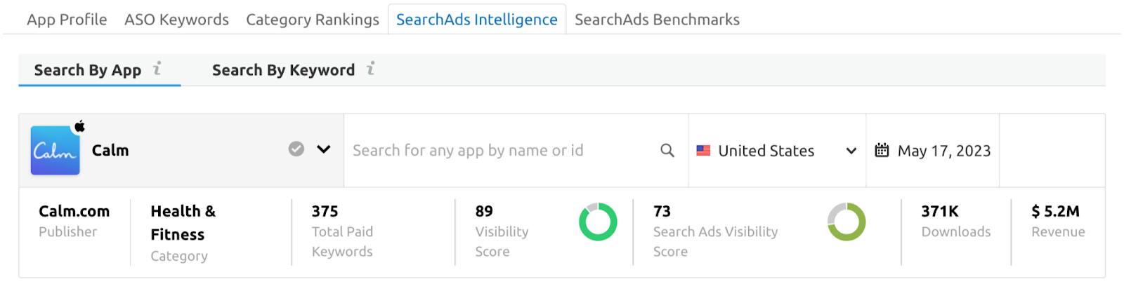 An example of what Search Ads Intelligence tab looks like with Search By App and Search By Keyword options.