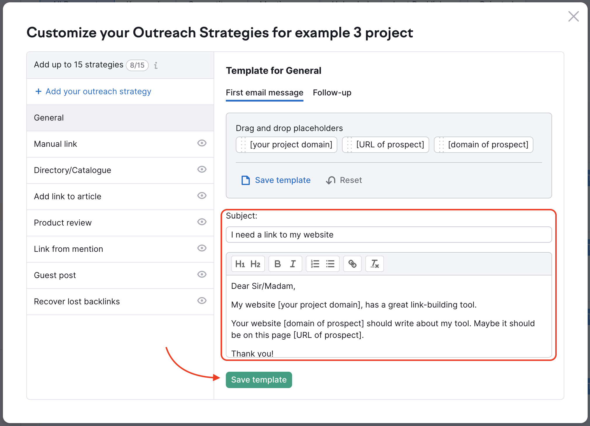 Link Building "Customize your outreach strategies" pop-up window with an example of a template. 