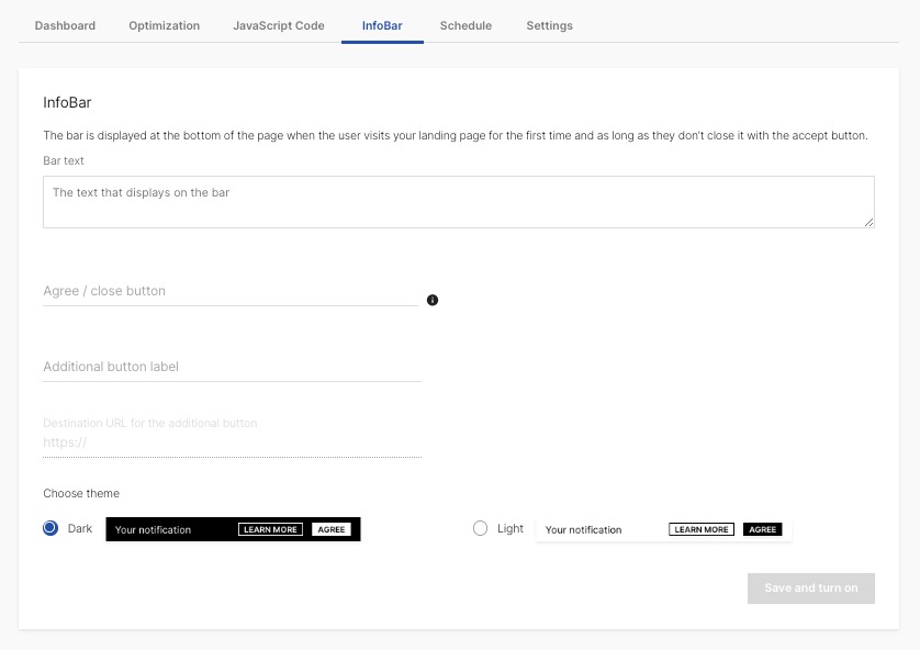 The InfoBar dashboard allows you to add an interactive dialogue (such as cookie or privacy consent) along the bottom of the page, for first-time users.