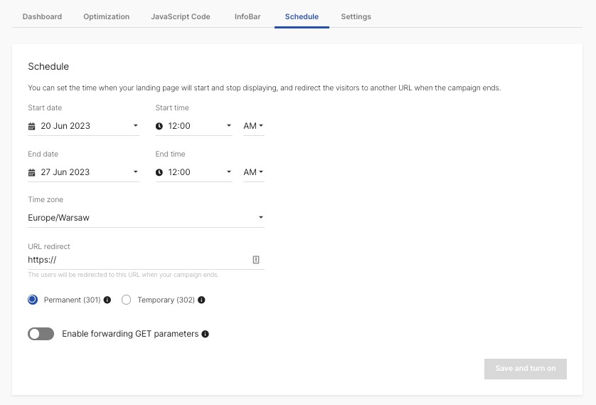 The Schedule dashboard allows you to determine when a page should be published, and when it should close.