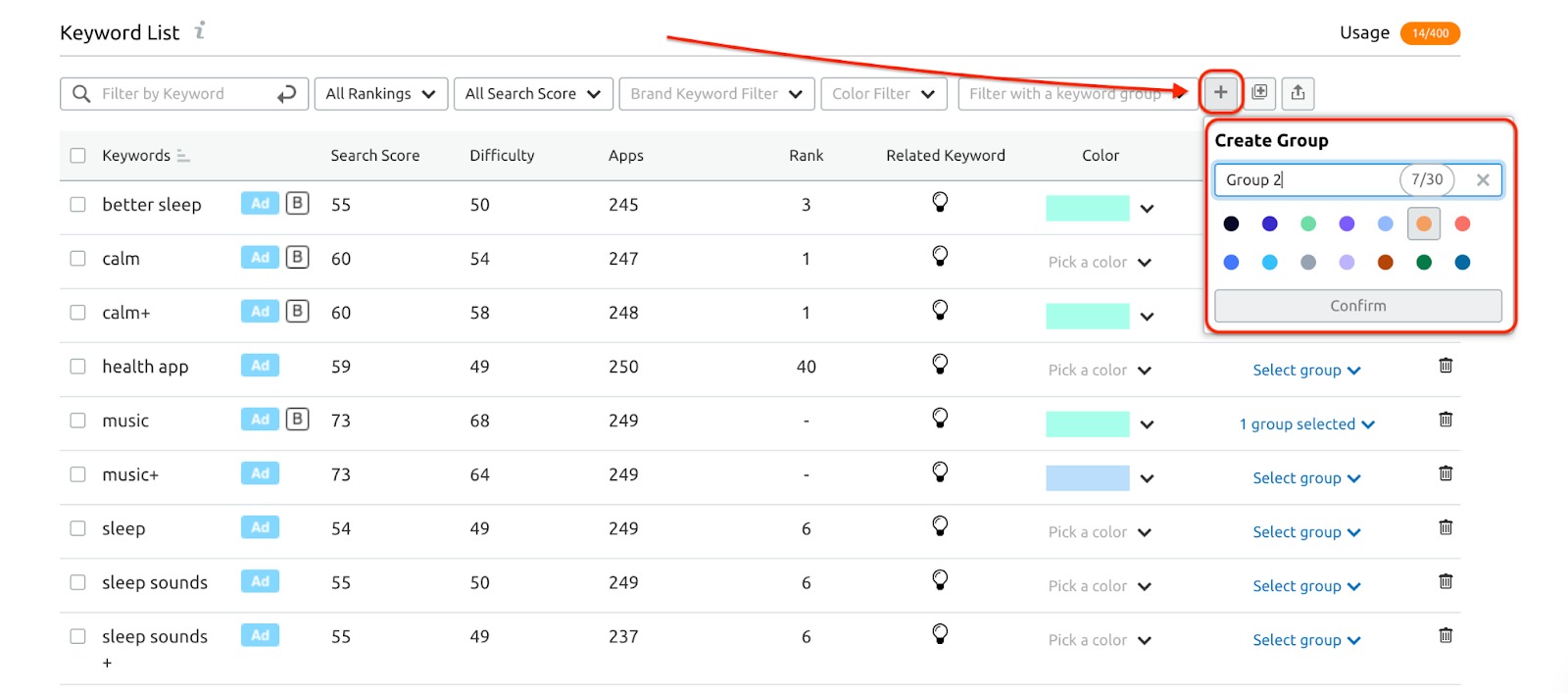 An example of new Keyword Group creation. Highlighted in red are a Plus button and a drop-down window that let's you create a group.