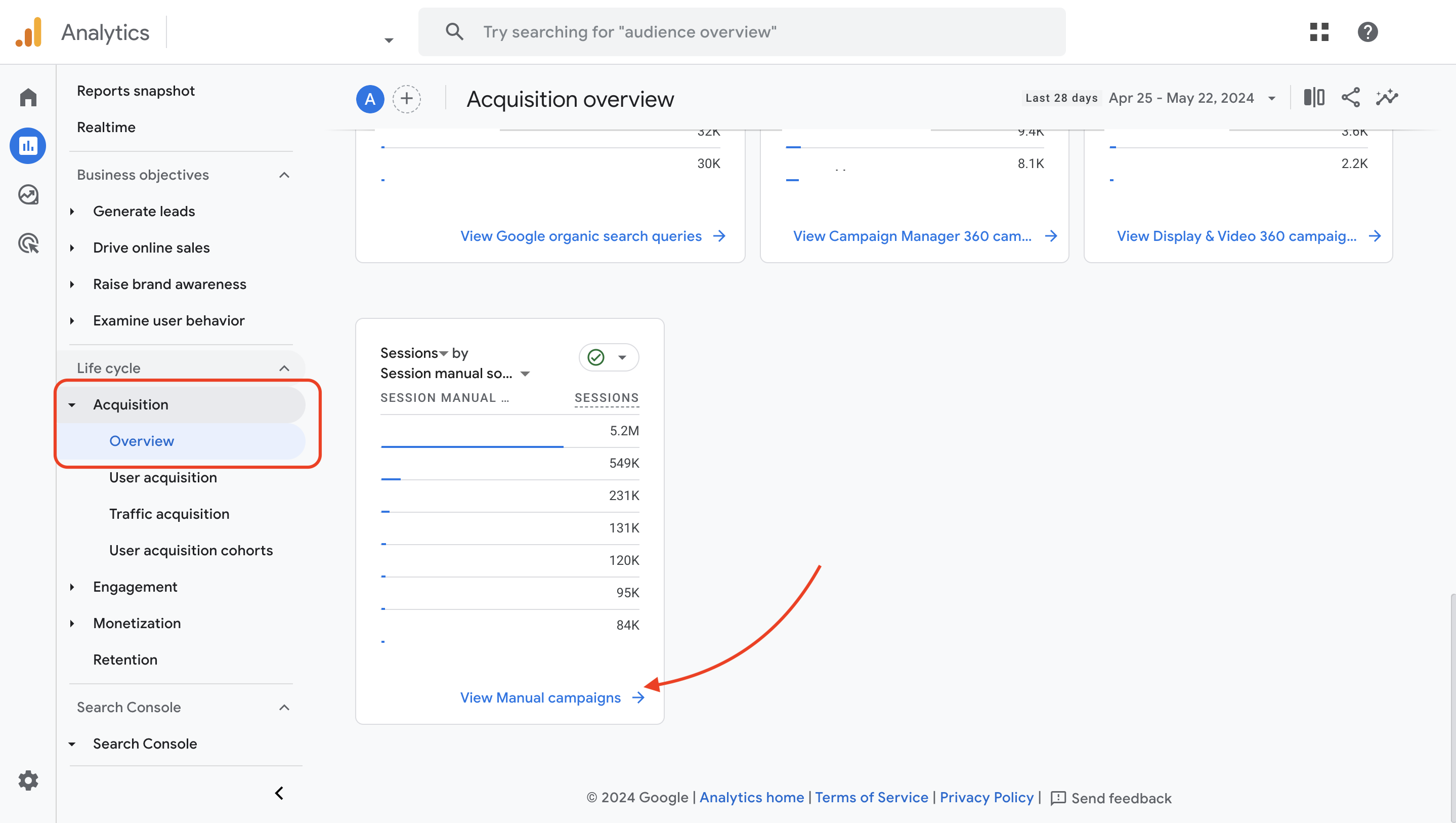 Google Analytics interface displaying Acquisition Overview reports. One red rectangle highlights this report on the left list, and a red arrow is pointing towards the View Manual campaigns blue clickable line.