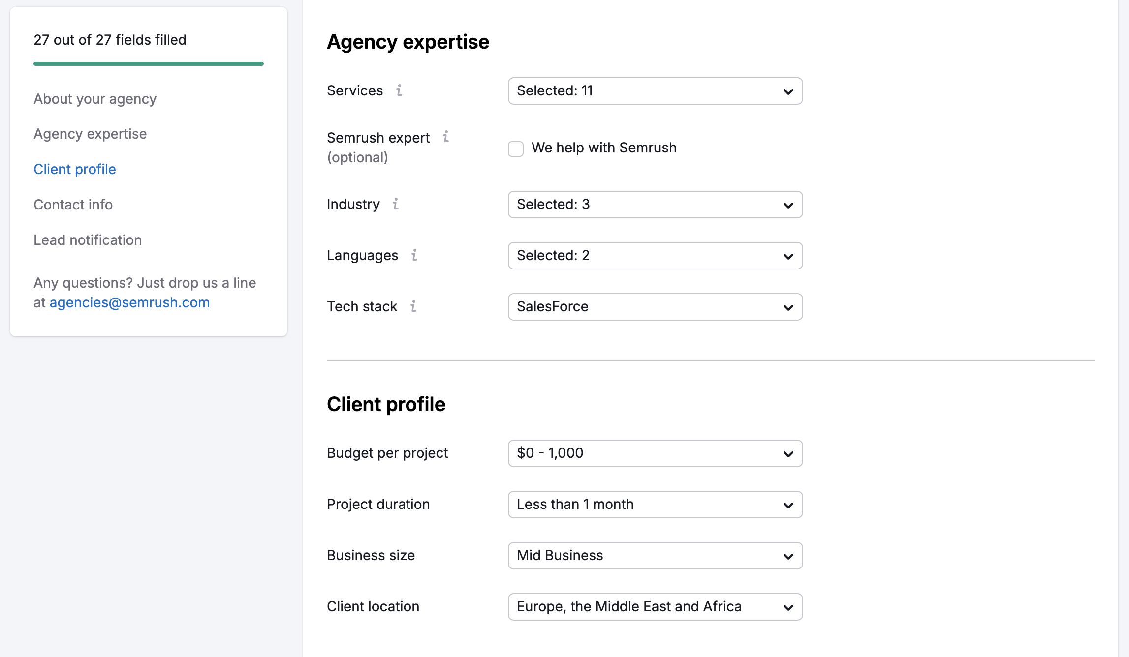 Display of the Agency Expertise and Client Profile fields. 