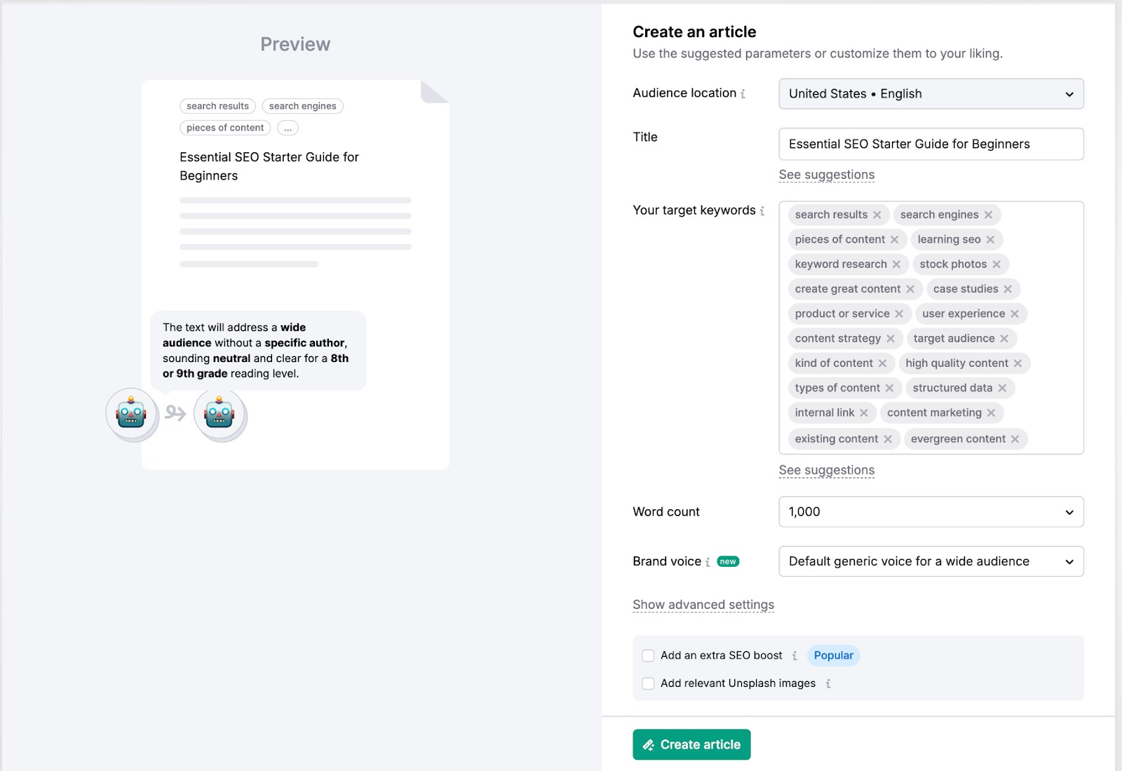 ContentShake AI set up page with the recommendations pulled from the SEO Content Template.