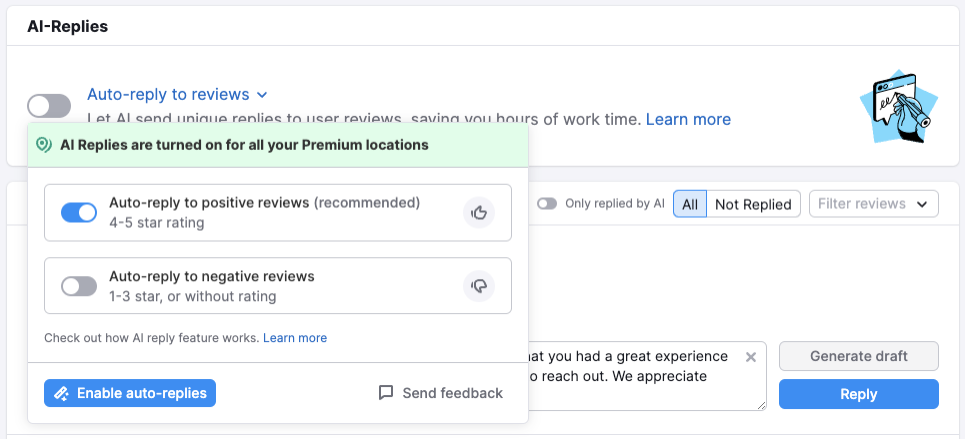 A pop-up with the options to enable auto-replies to positive and negative reviews. 