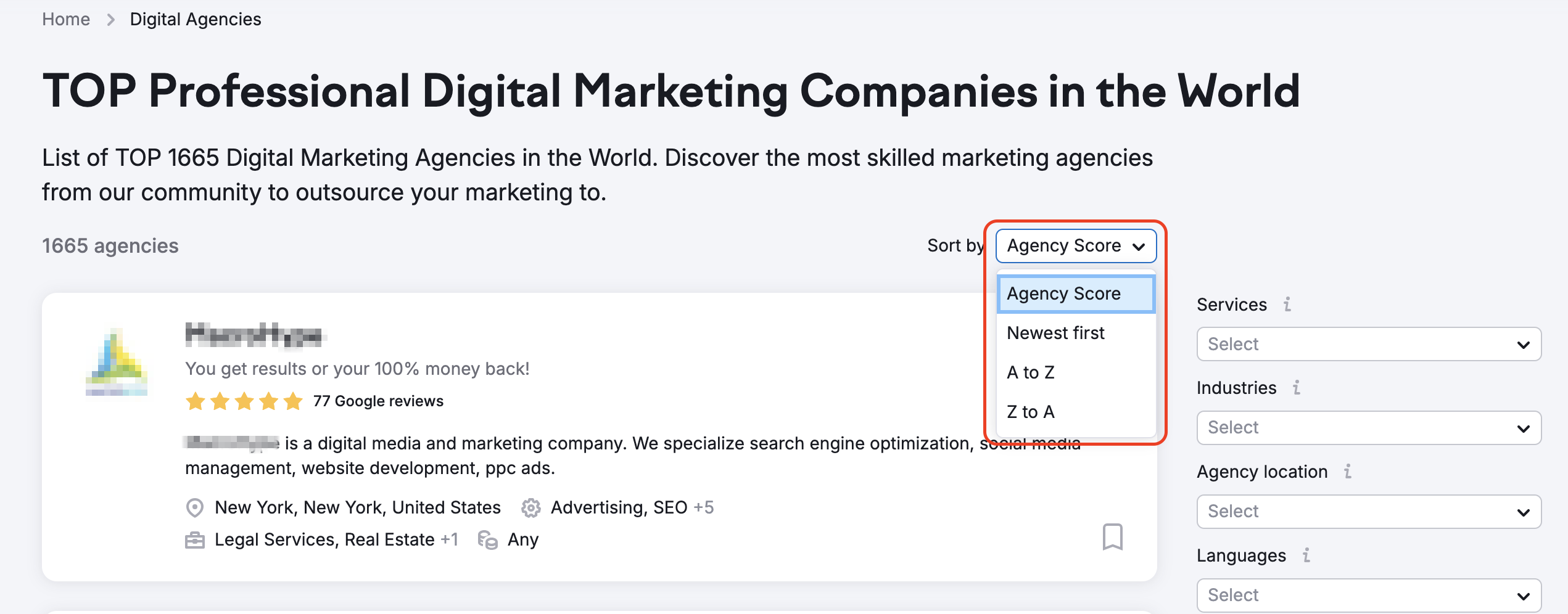 A list of Digital Agencies sorted by Agency Score. The drop-down with the sorting options is at the top-right of the list and is highlighted with a red rectangle. 